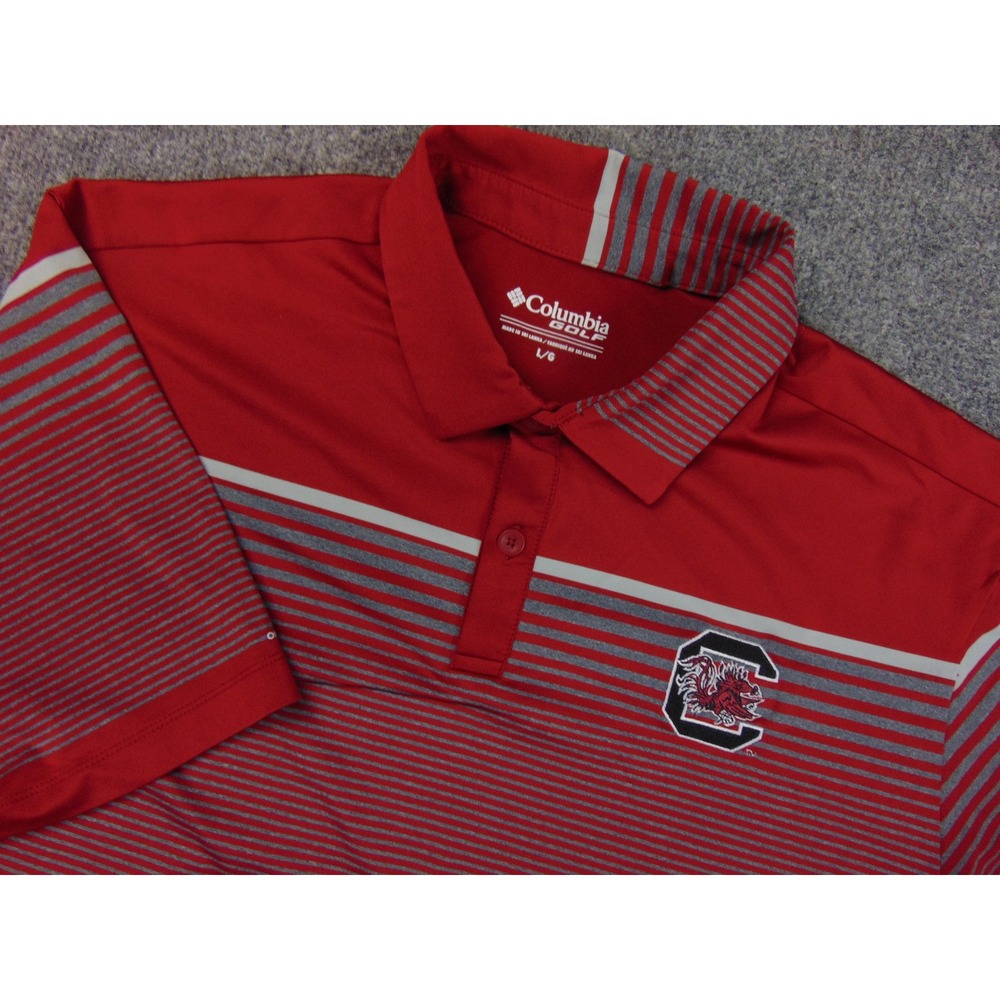 South Carolina Game Cocks Polo‎ Shirt Mens Large Red Gray Stripe Columbia Golf